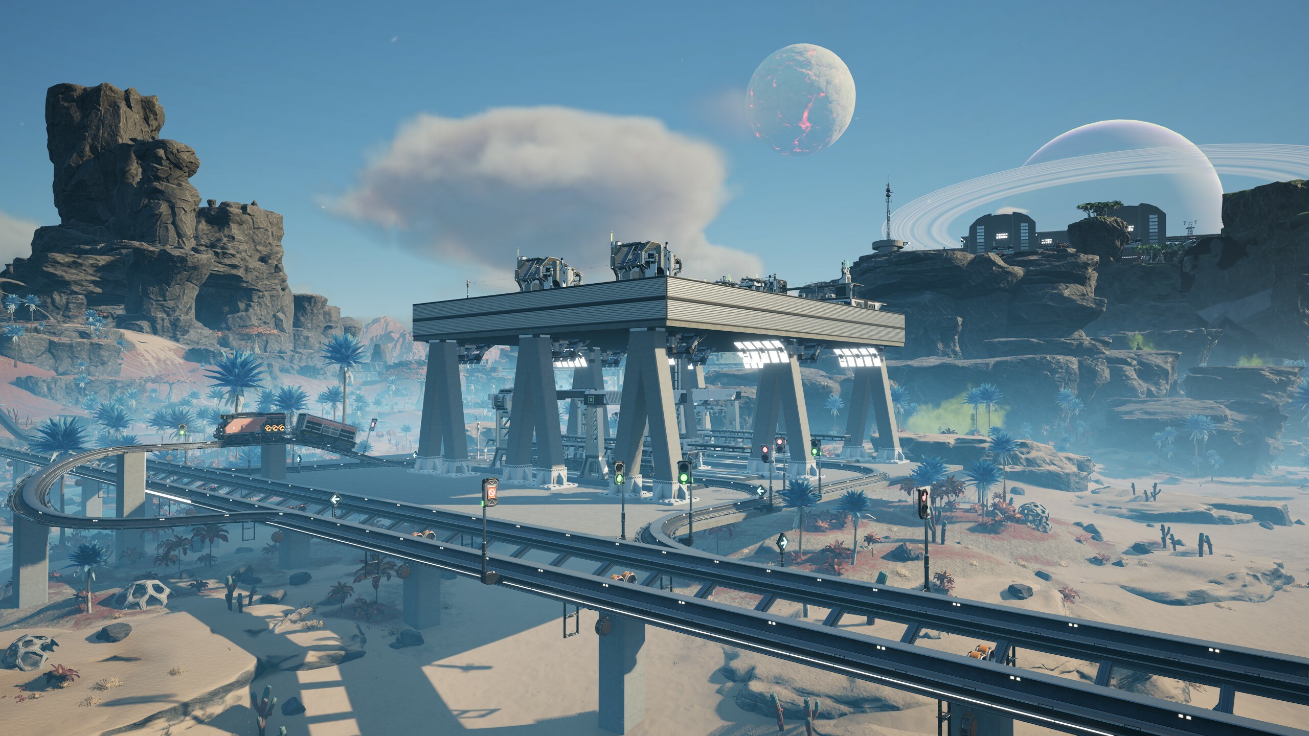 A sprawling industrial complex in Satisfactory seen from ground level