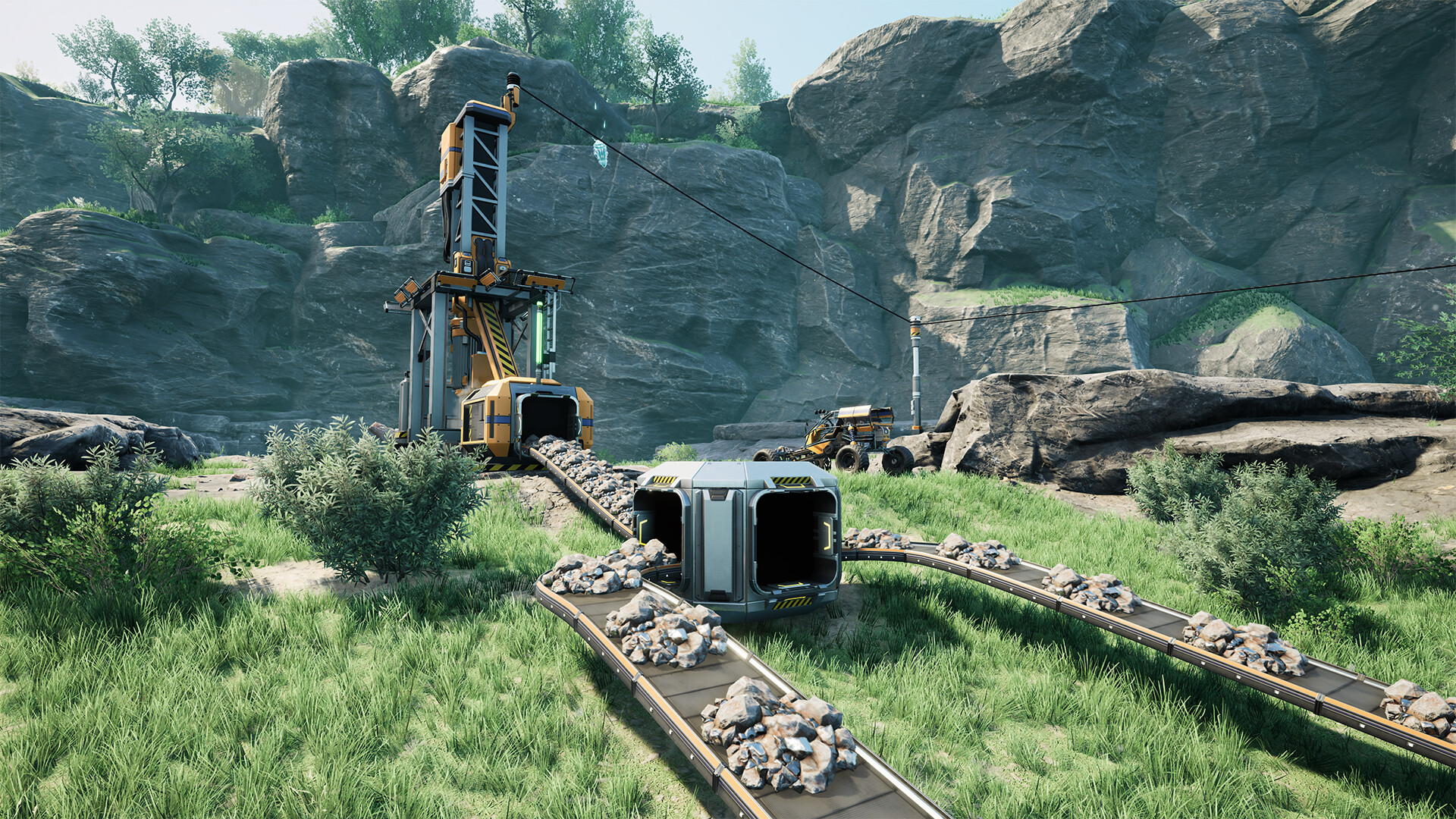 A conveyor network under construction in Satisfactory