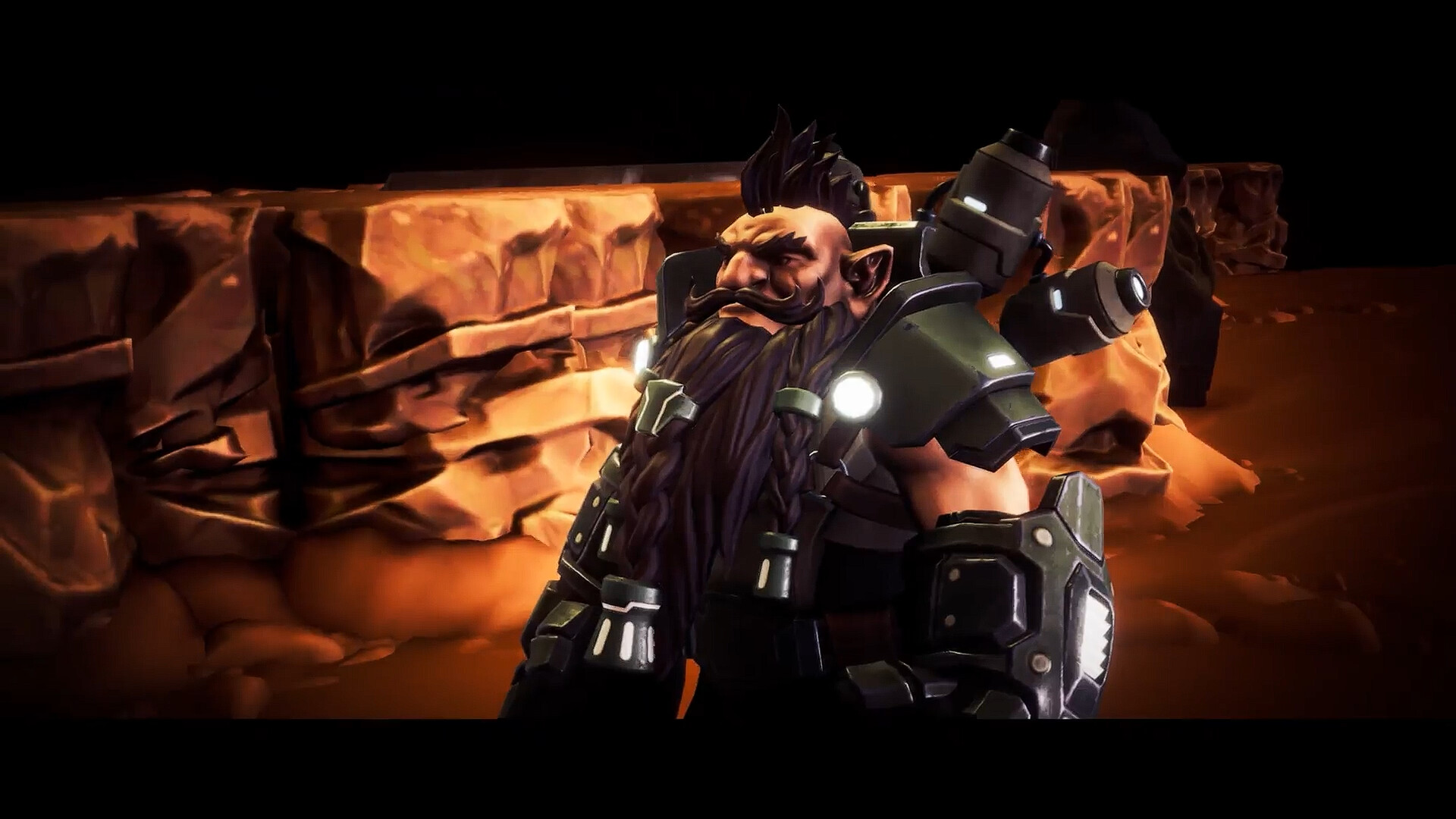 Close-up of the new Brawler class: a mohawked dwarf in dark armour with a braided beard, standing in front of orange sandstone cliffs