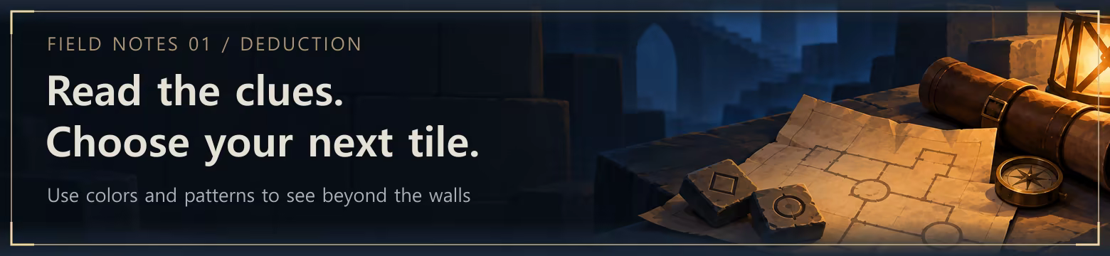 Field notes 01 / Deduction. Read the clues. Choose your next tile. Use colors and patterns to see beyond the walls. A worn map in a dark dungeon. A thin light border. Simplified scenery and restrained surface detail.