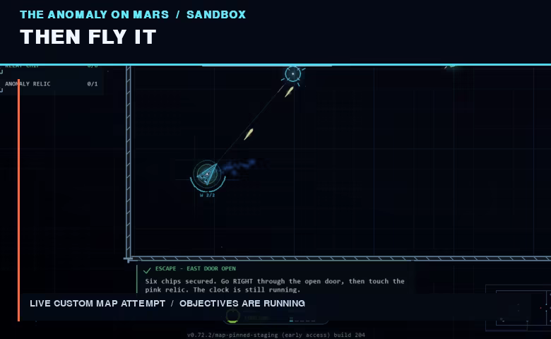 Live custom map attempt: a ship flies toward an open escape door after collecting six chips while an objective timer runs.