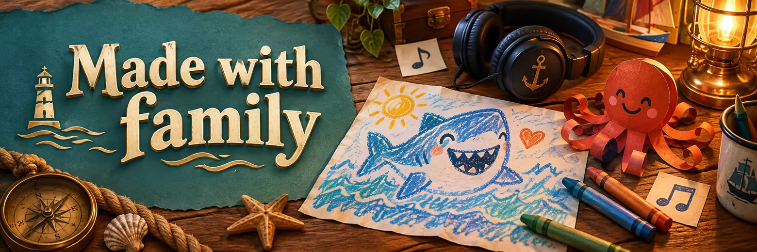 Made with family. An illustrated craft table with a childlike shark drawing, paper octopus and headphones.