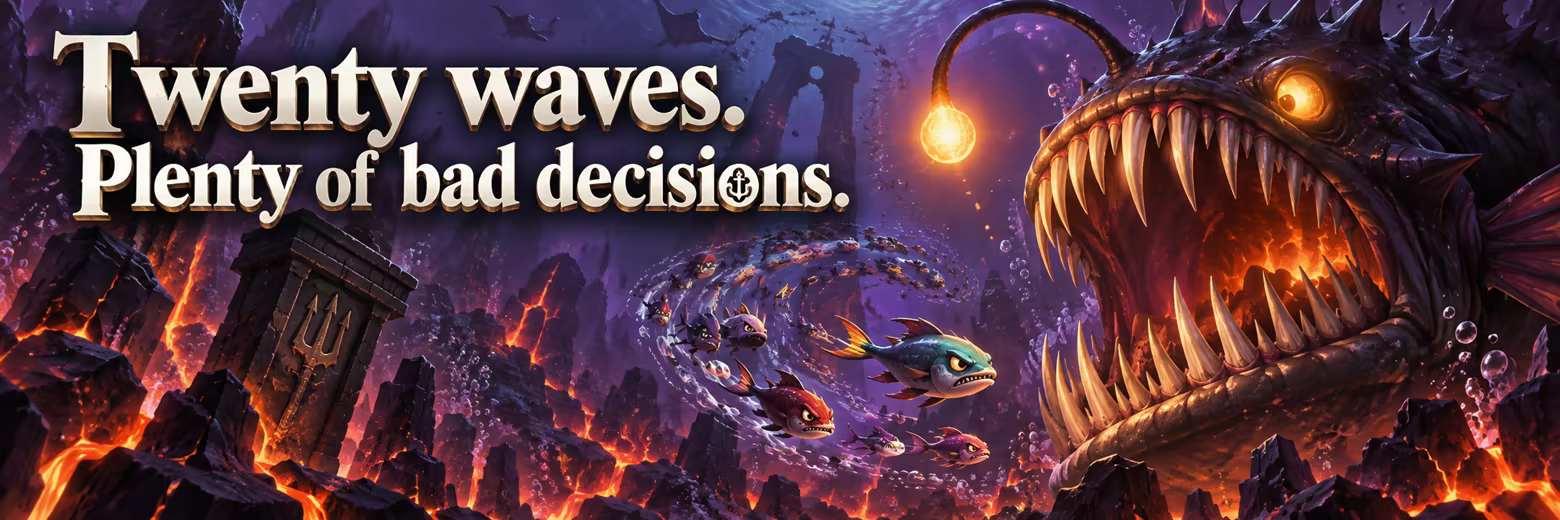 Twenty waves. Plenty of bad decisions. A giant anglerfish looms above fish swarms and volcanic cracks.