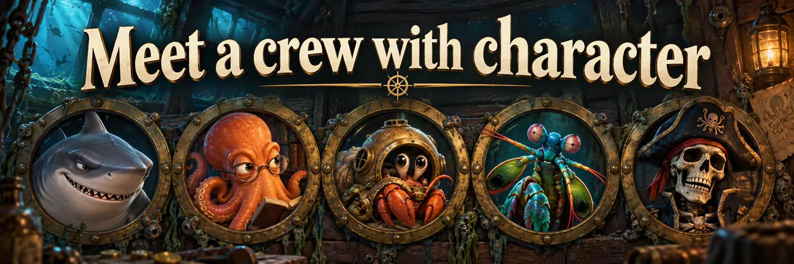 Meet a crew with character. Five different sea adventurers look through brass portholes.