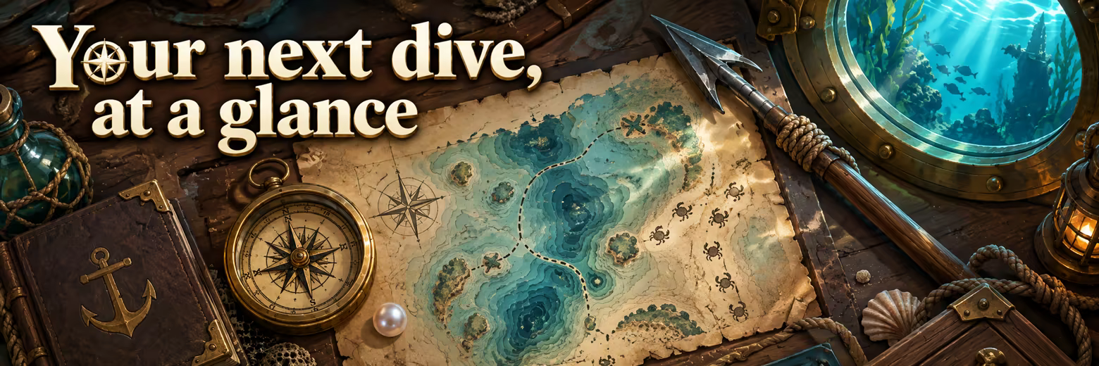 Your next dive, at a glance. A nautical map, compass, pearl and harpoon in a sunken cabin.
