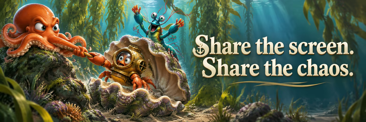 Share the screen. Share the chaos. An octopus helps a crab escape a clam while a mantis shrimp cheers.