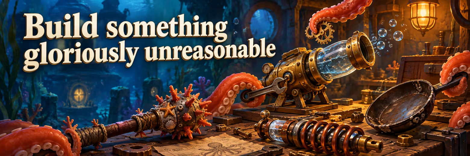 Build something gloriously unreasonable. Octopus tentacles assemble oddball weapons at a workbench.