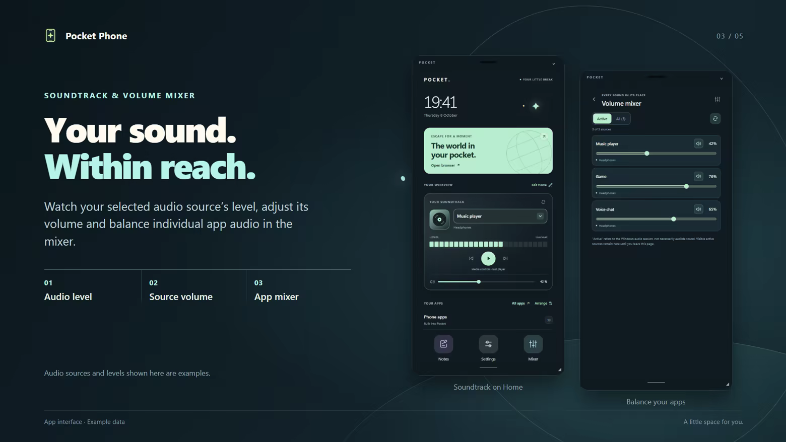 Soundtrack level meter and volume mixer with sample audio sources.