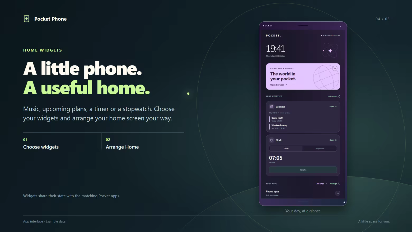 Home screen with calendar, timer and stopwatch widgets.