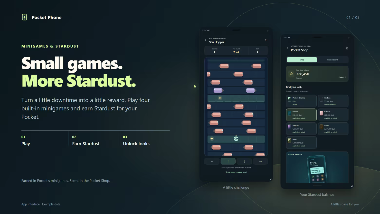 Star Hopper and Pocket Shop: earn Stardust and spend it on designs.