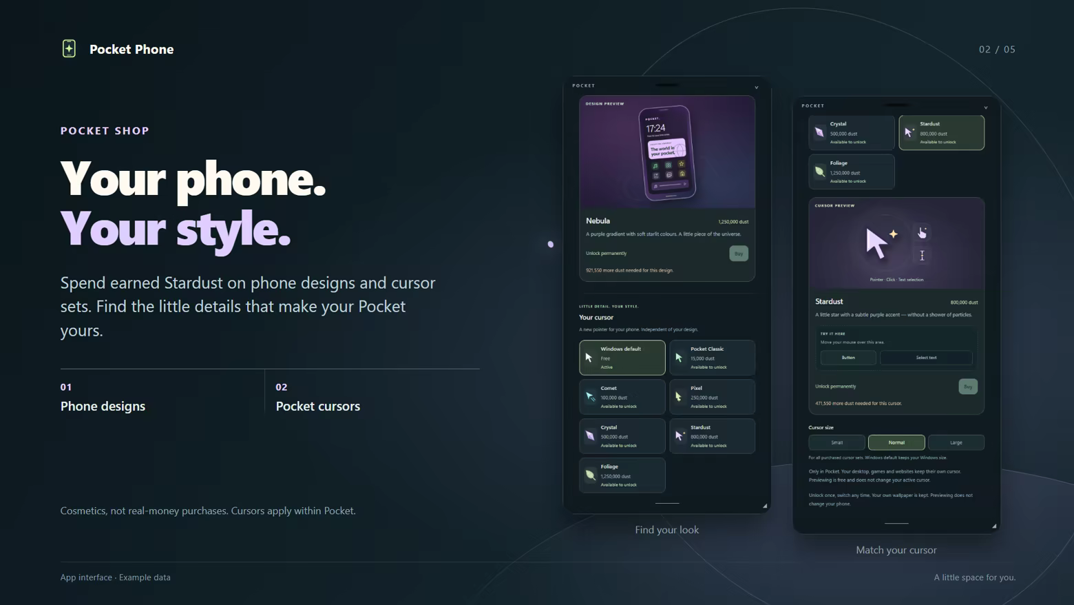 Phone designs and cursor sets previewed in the Pocket Shop.