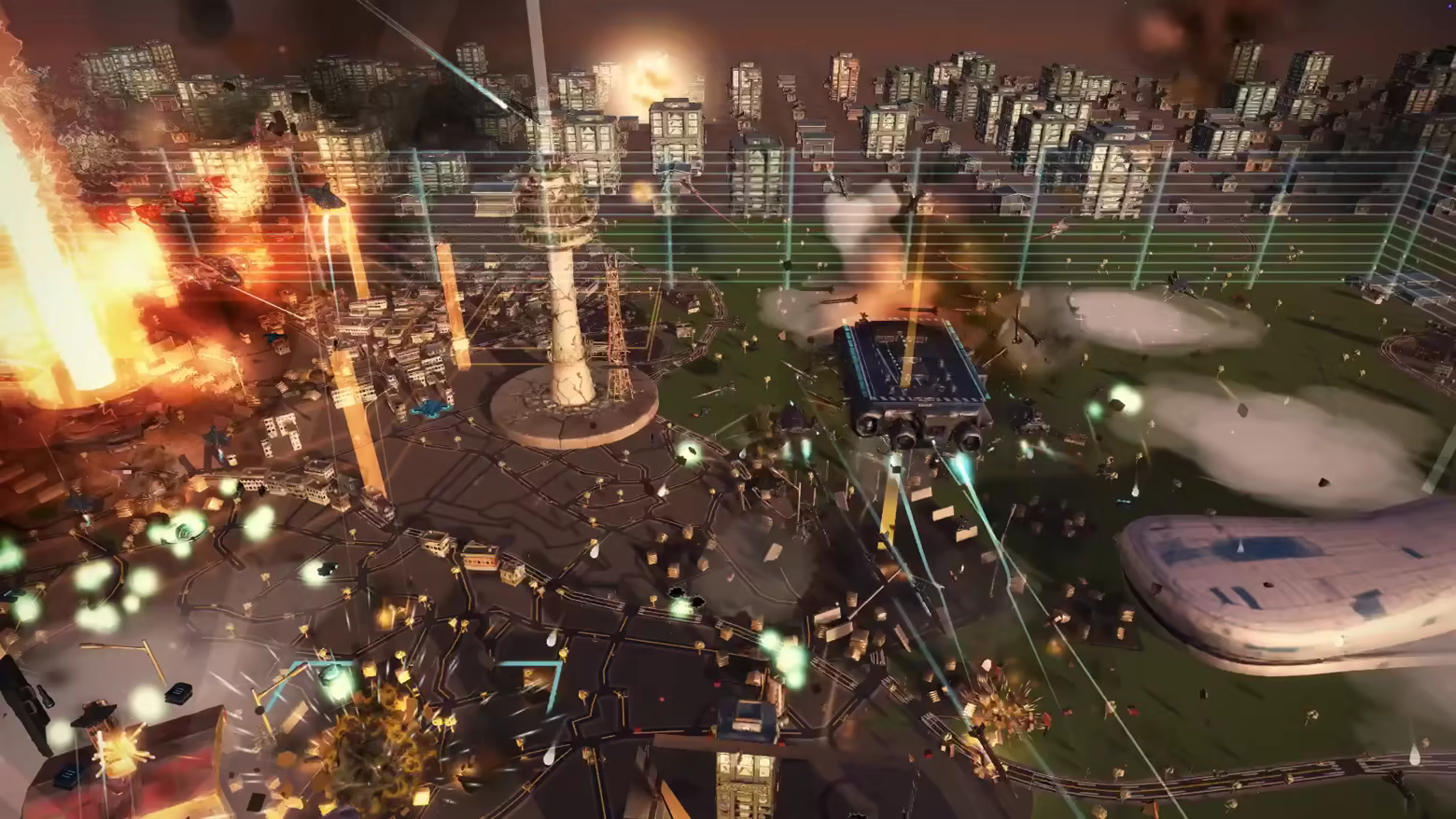 An aerial fleet fights above a dense city in GRID COMMAND, with enemies, projectiles and explosions around the ships.