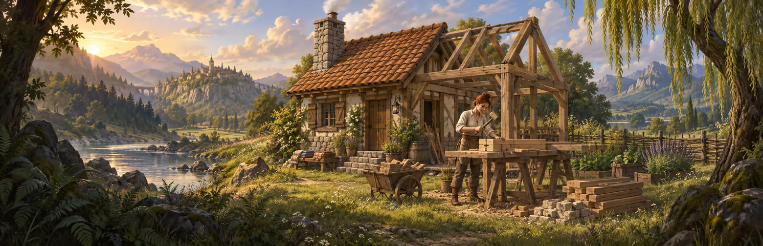 Ein Baumeister arbeitet an einem Holzhaus mit Blick auf einen Fluss und grüne Hügel.
