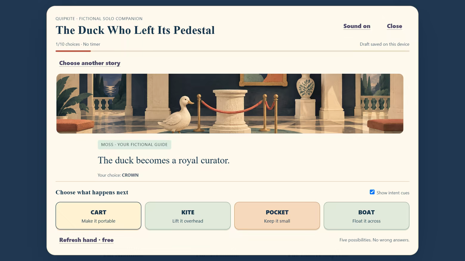 An illustrated museum story: a duck becomes a royal curator, with four choices for what happens next.