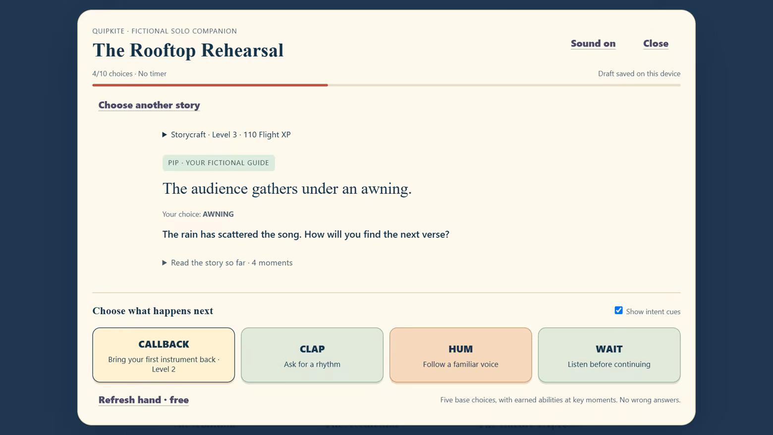 An earned Callback is available during the rooftop story, alongside the current Storycraft level and Flight XP.