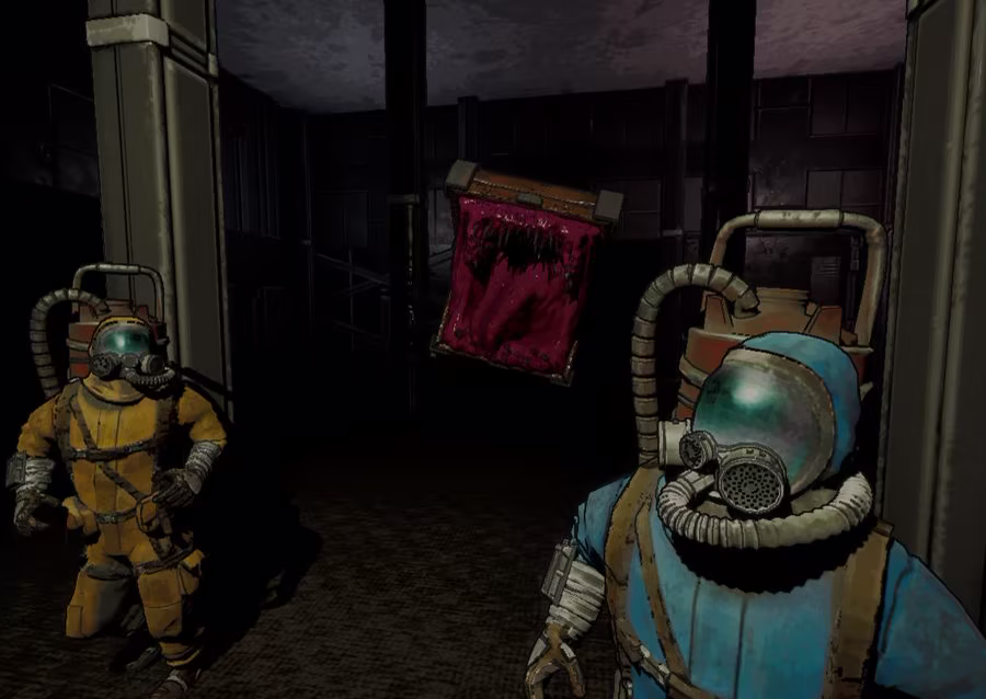 Two players running away from a monster with big teeth