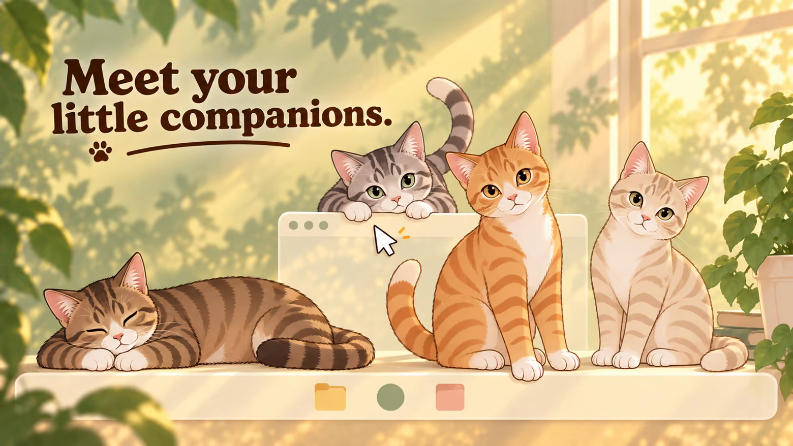 Promotional illustration: orange, brown, silver and cream tabbies gather on an illustrated desktop taskbar. Text: Meet your little companions.