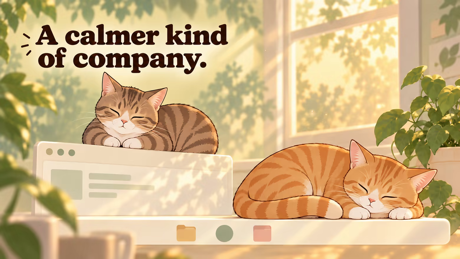 Promotional illustration of an orange tabby sleeping on a taskbar and a brown tabby resting on a window ledge. Text: A calmer kind of company.