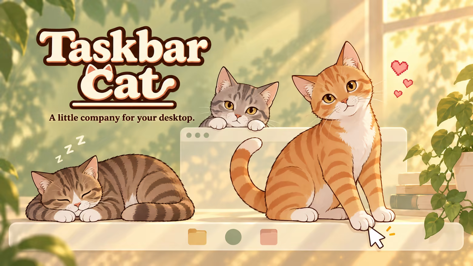 Taskbar Cat promotional illustration: an orange tabby touches a pointer, a brown tabby naps, and a silver tabby peeks over a window in warm sunlight. Text: A little company for your desktop.