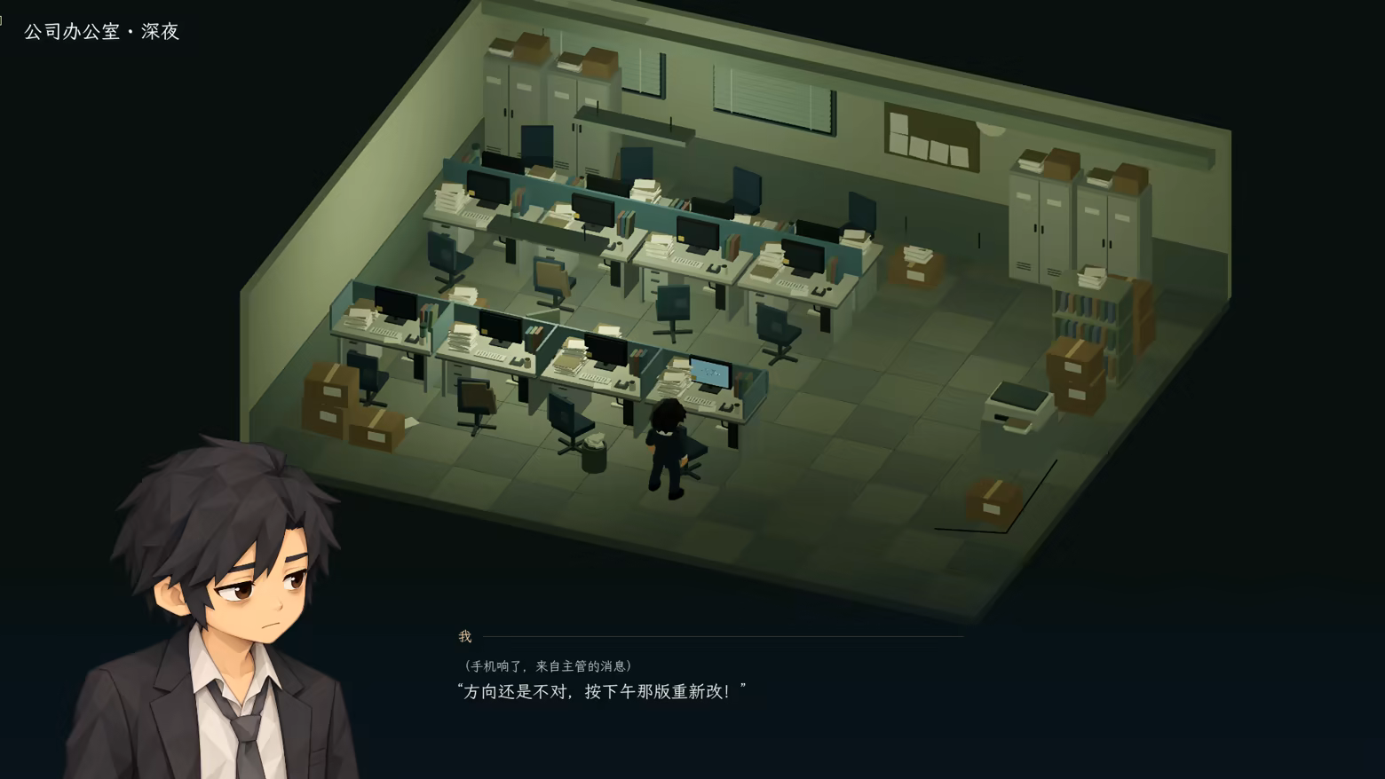At night in an office, the protagonist reads a message from their boss asking them to redo the work.