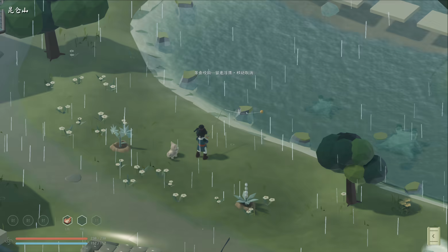 The cultivator fishes at a river in the rain while a white cat waits beside them.