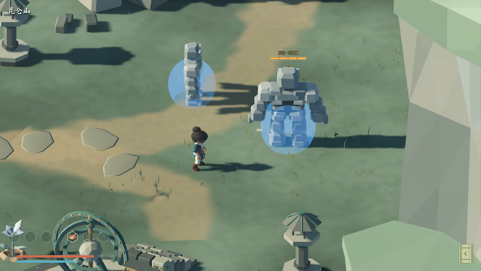 The cultivator faces a stone golem boss in an outdoor arena.