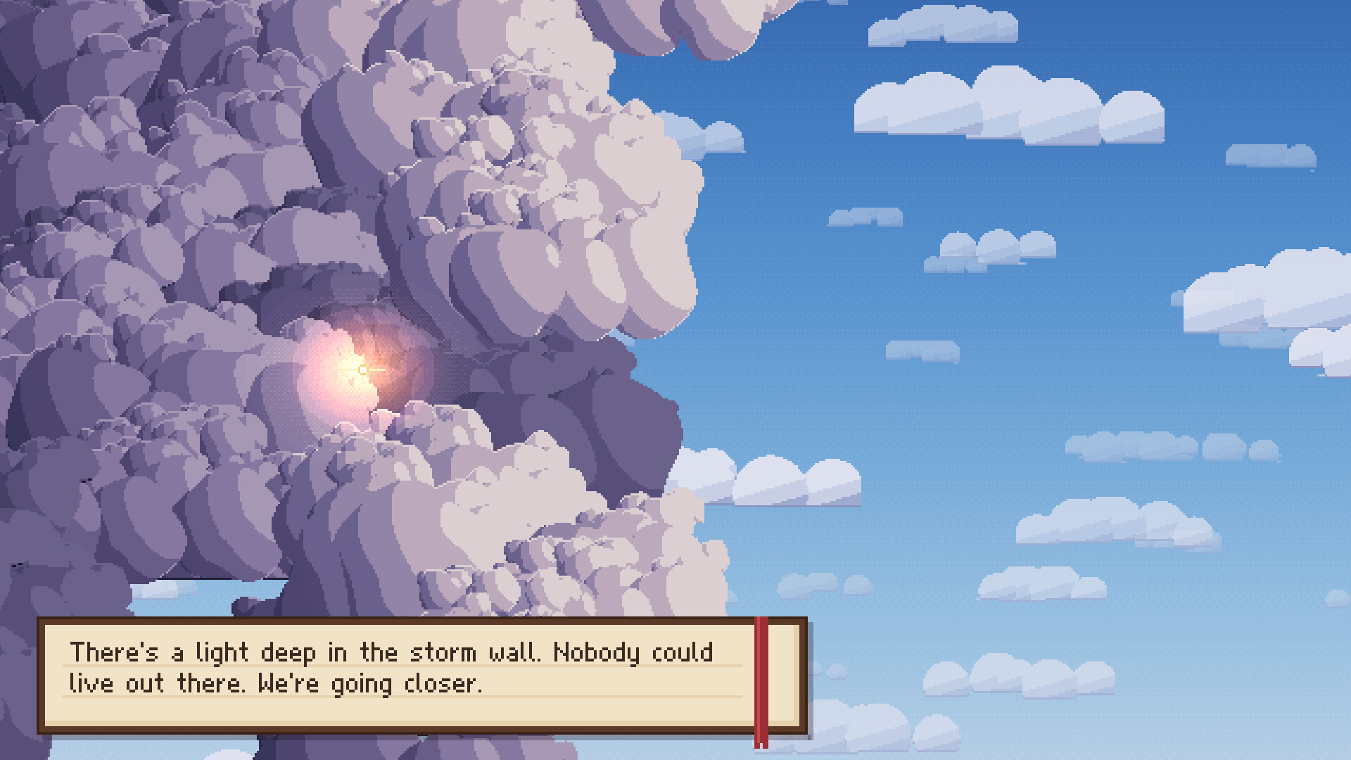 A stormy sky and story dialogue in full-game Cloudwright material