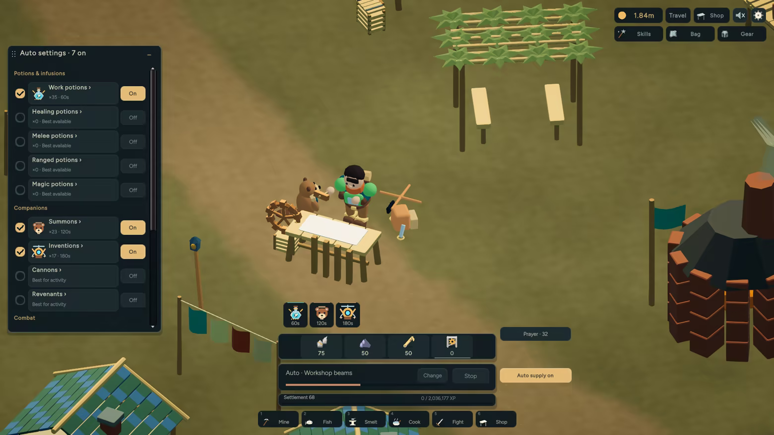 Crafting workshop beams in Hearthwake with a Workshop beaver and Copperwing courier, while automatic potions, companions and material supply are enabled.