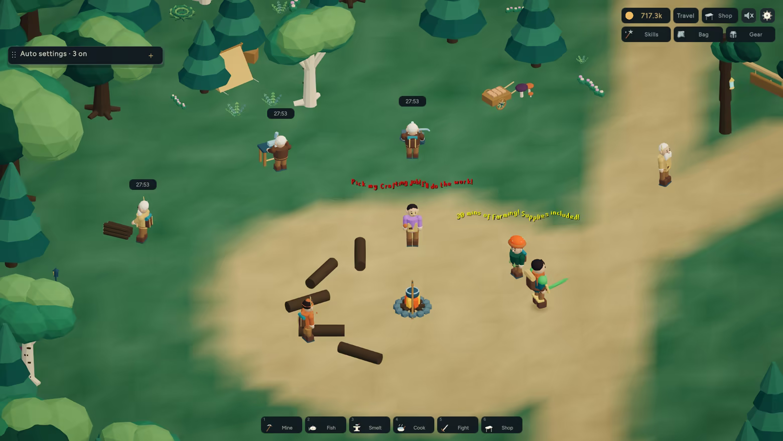 Hired workers mine, cut wood and smith around Noob Forest, while other workers advertise their services beside the campfire.