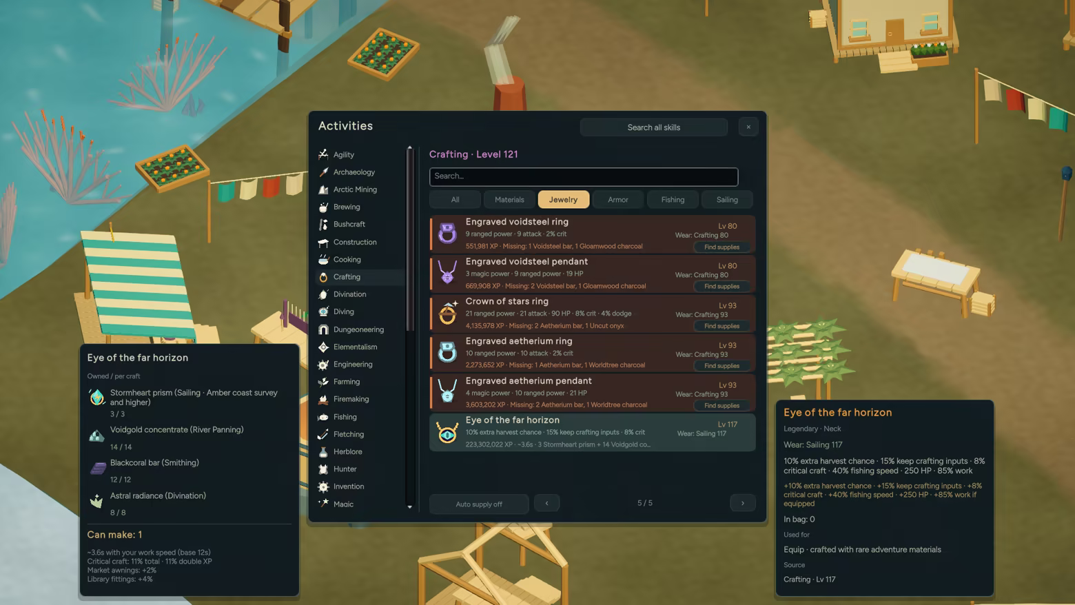 Crafting jewelry, with the legendary Eye of the far horizon selected to show its ingredients, source activities and equipment bonuses.