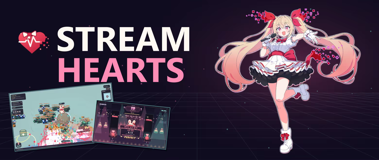 Stream Hearts logo and the supplied ribbon character in a purple space, with real battle and rhythm app scenes.