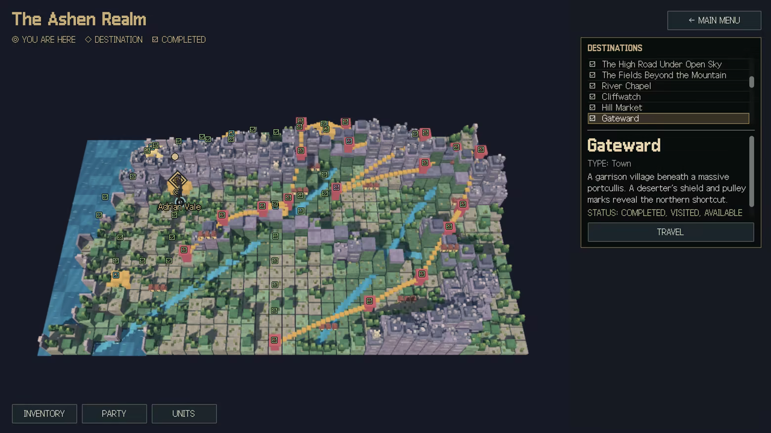 The voxel world map shows the campaign route with Gateward selected.