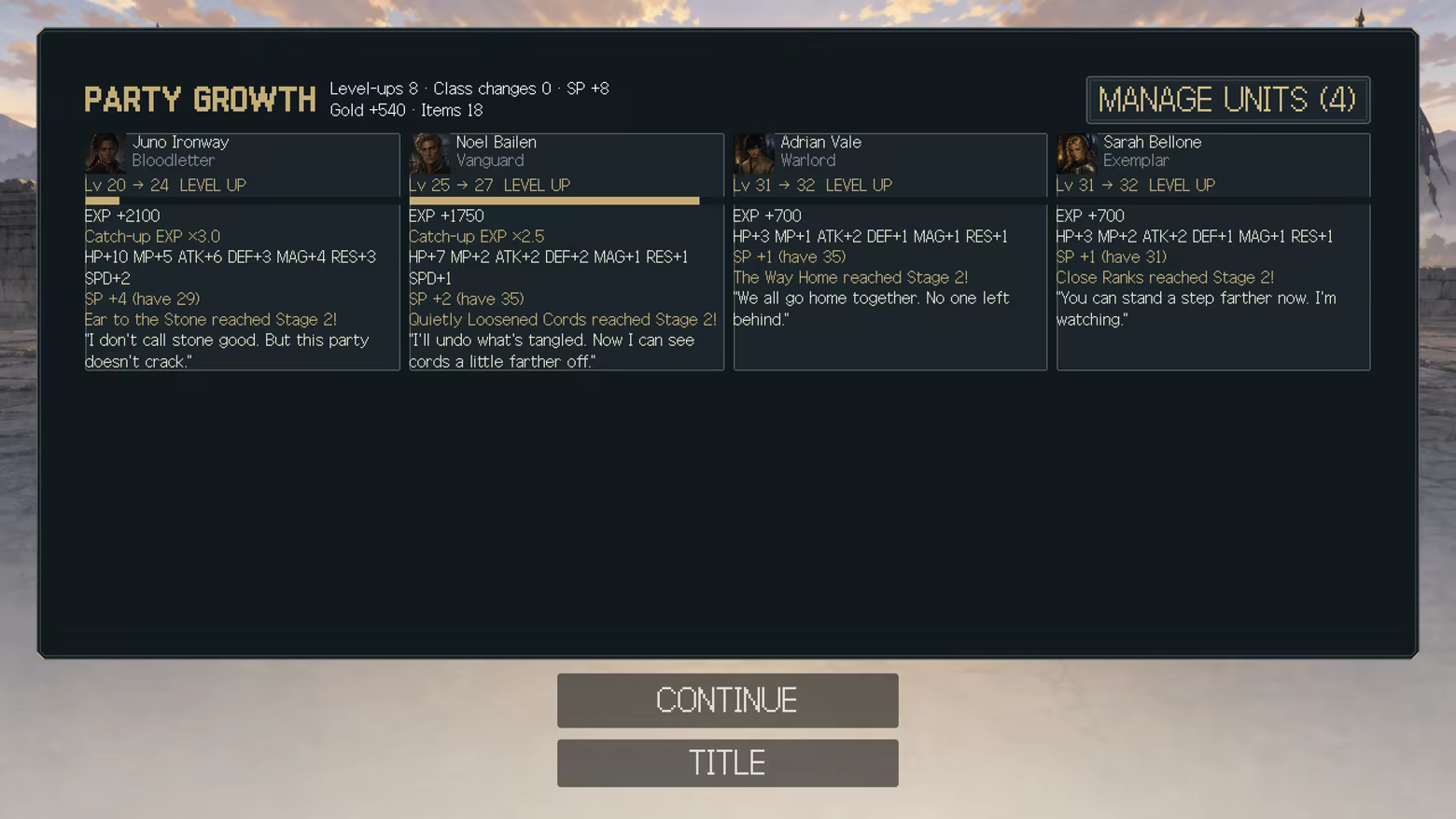 Victory results cards: a new recruit goes from Lv 20 to 24 with ×3 catch-up EXP, a veteran from Lv 25 to 27 with ×2.5.