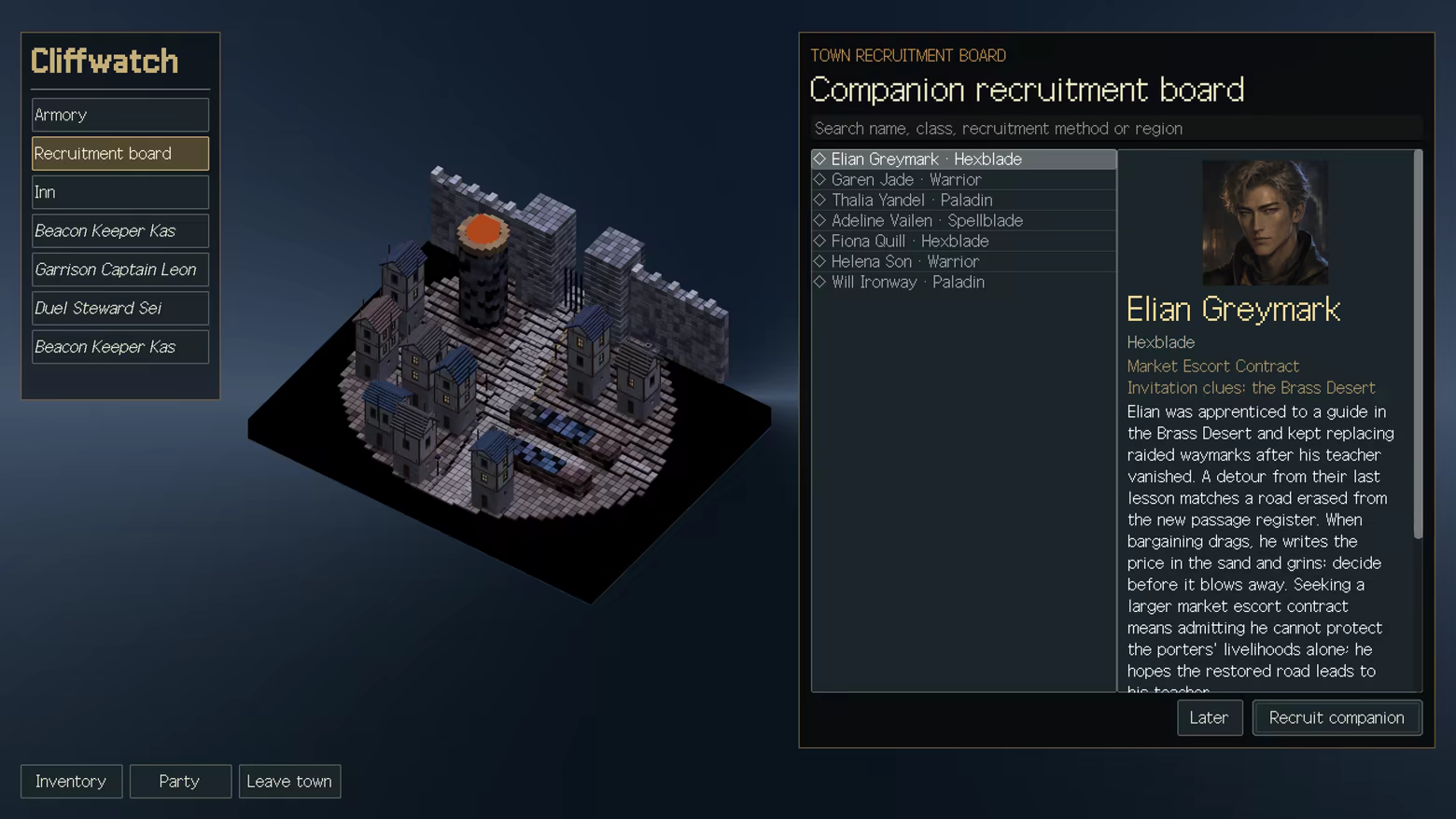 Cliffwatch's recruitment board shows Elian Greymark and available companions.
