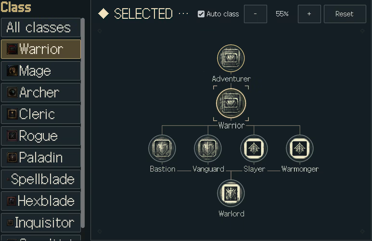 Class screen showing the Warrior route: Adventurer to Warrior, four branching classes and an advanced class.