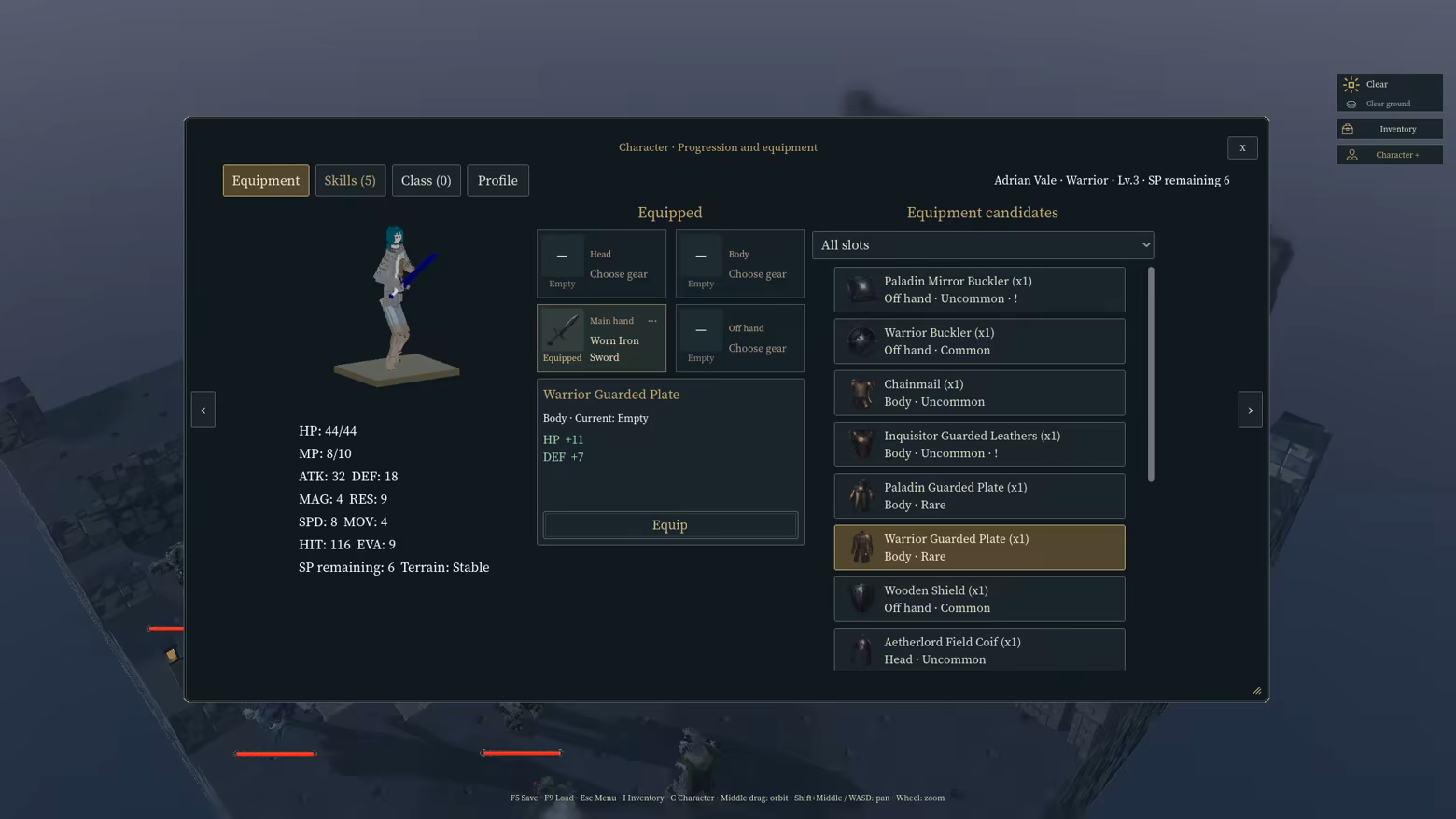 The character equipment screen shows equipped gear, available items and stat comparisons.