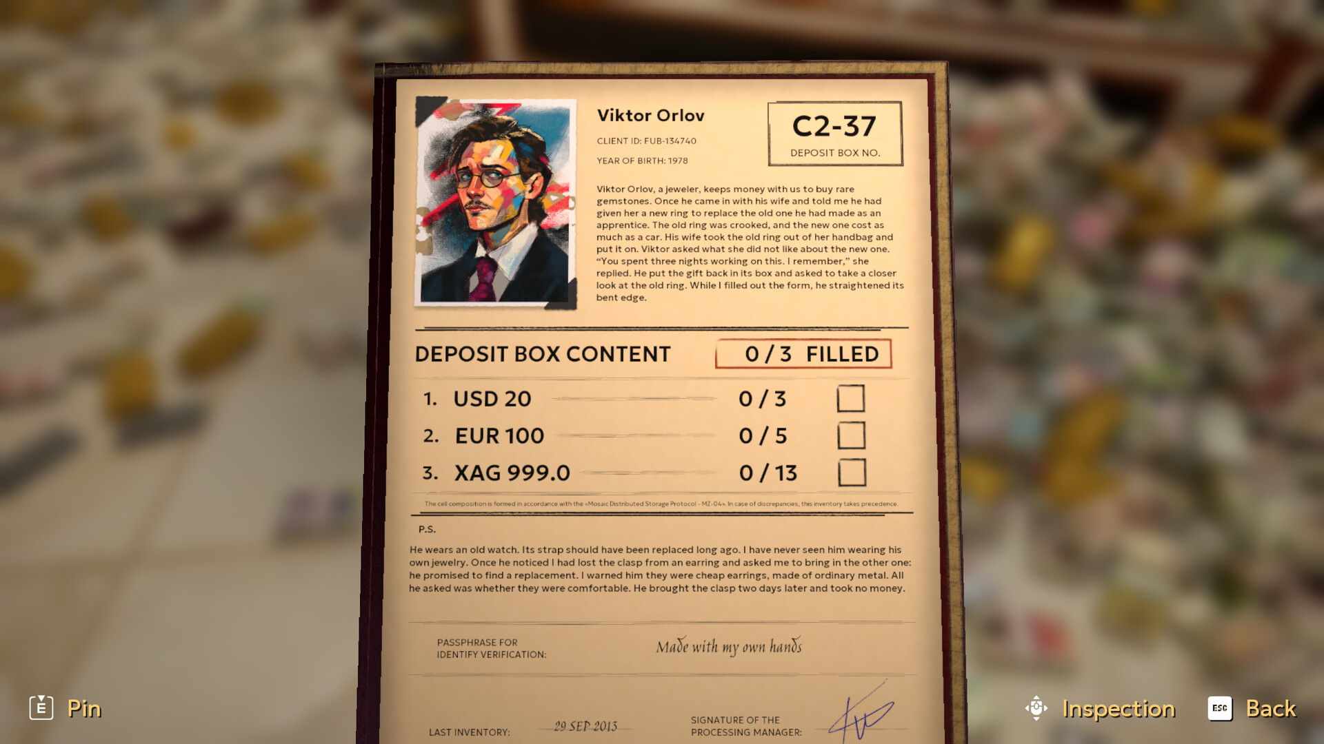 A client dossier beside the contents of a deposit box