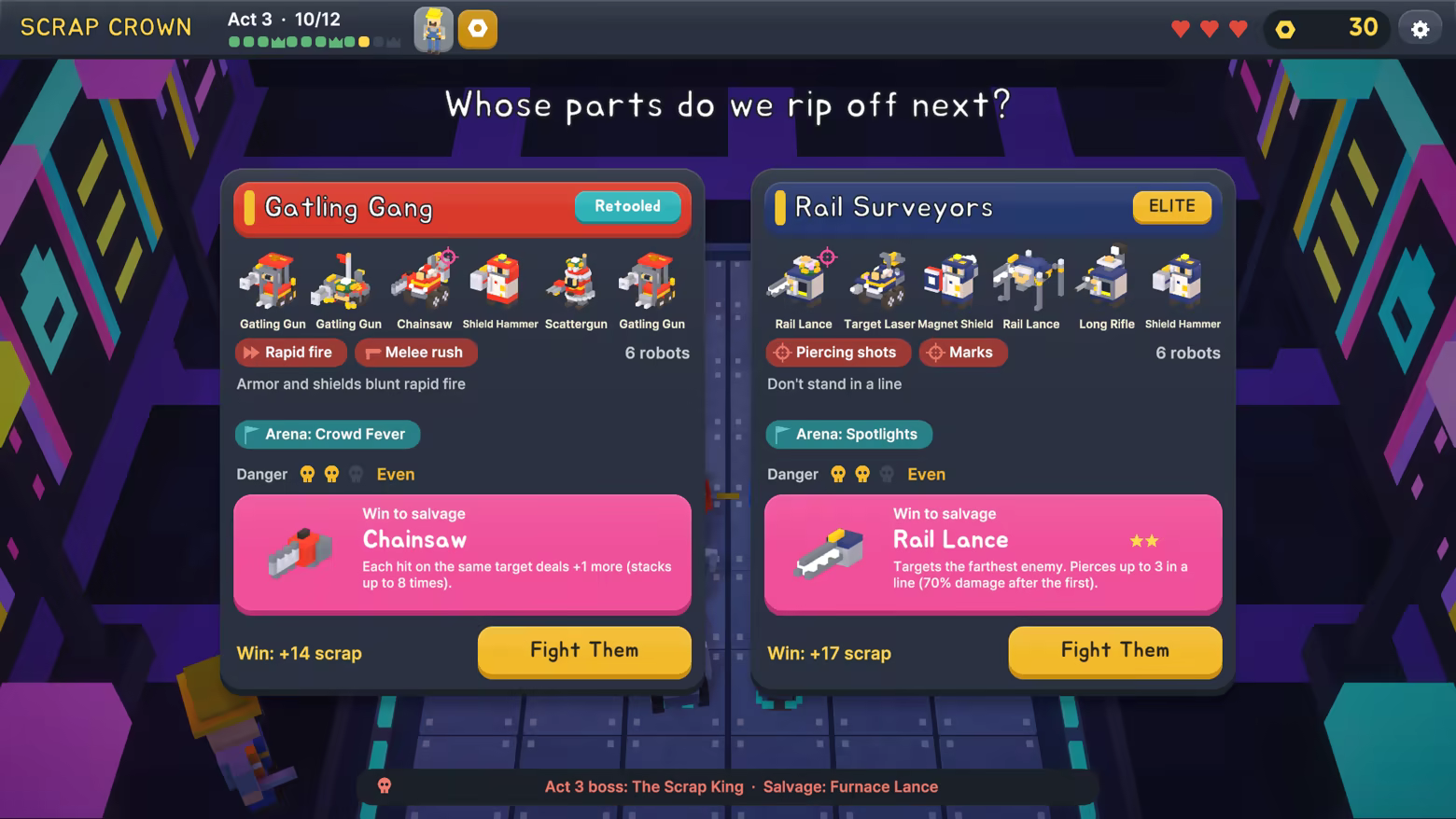 Two rival gangs shown with their robot teams, threats and the part awarded for victory.