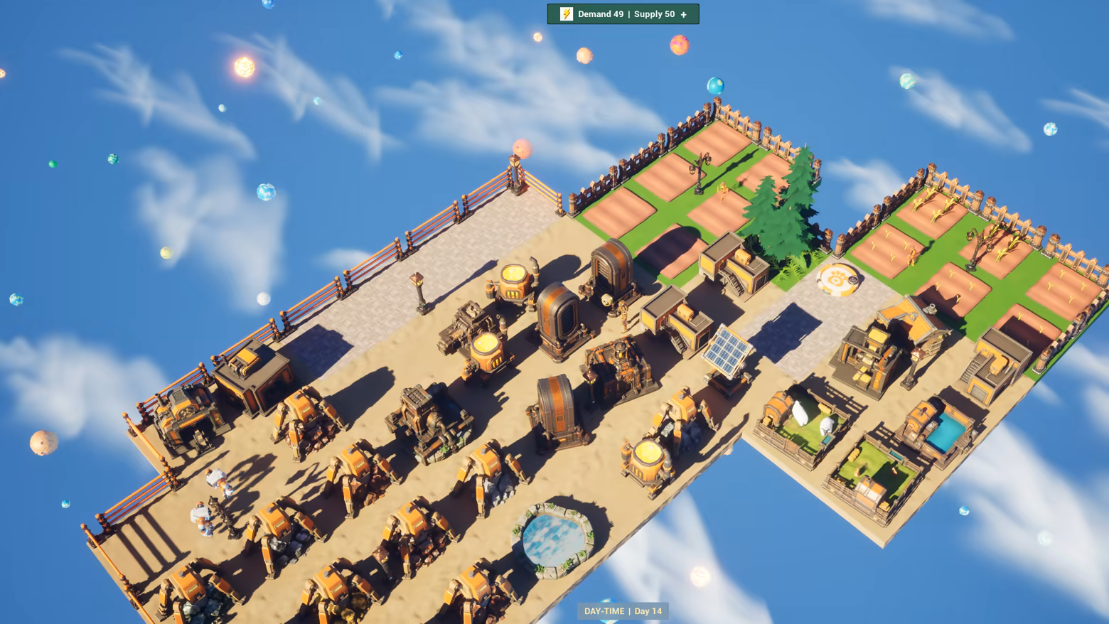 A floating settlement with crop plots, workshop machinery, solar panels, and animal pens.