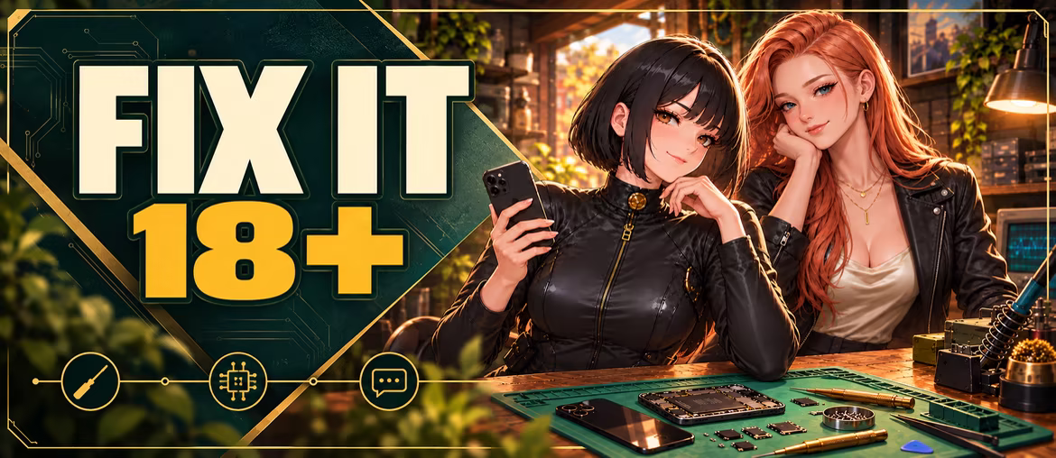 Fix it 18+. Promotional illustration of Riley and Scarlett at the repair counter, with an open phone and tools.