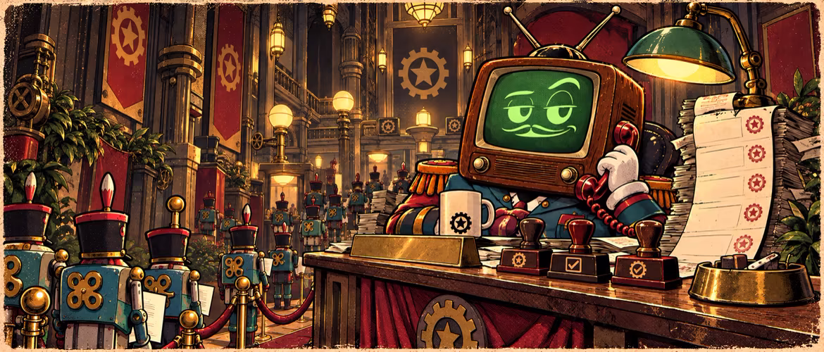 The TV-headed Supreme Chancellor answers a telephone at a bureaucratic desk while wind-up robot soldiers queue with paperwork.
