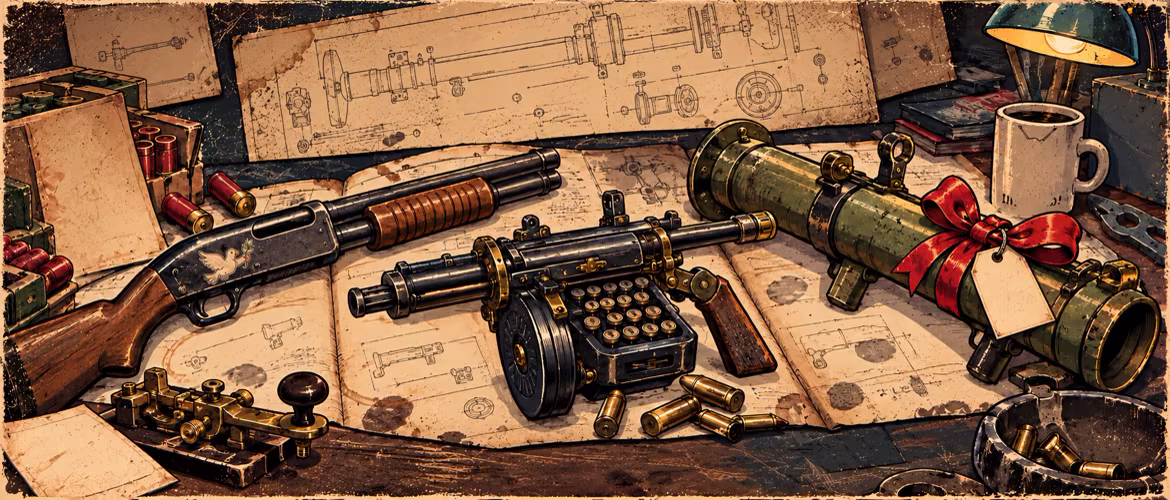 A workshop display of the Diplomat shotgun, Typewriter automatic weapon and ribbon-wrapped Care Package launcher.