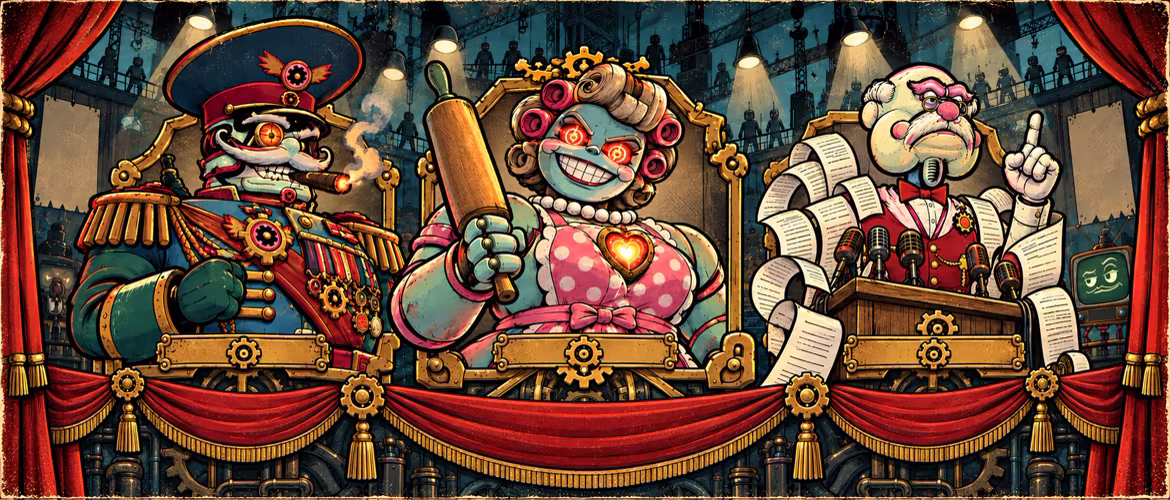 Theatrical portraits of Major Disaster, the Motherboard and Senator Filibuster framed by red curtains and factory machinery.