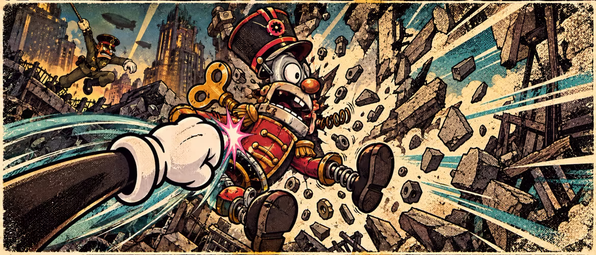 A white-gloved first-person punch sends a wind-up robot soldier tumbling through flying bolts and shattered masonry.