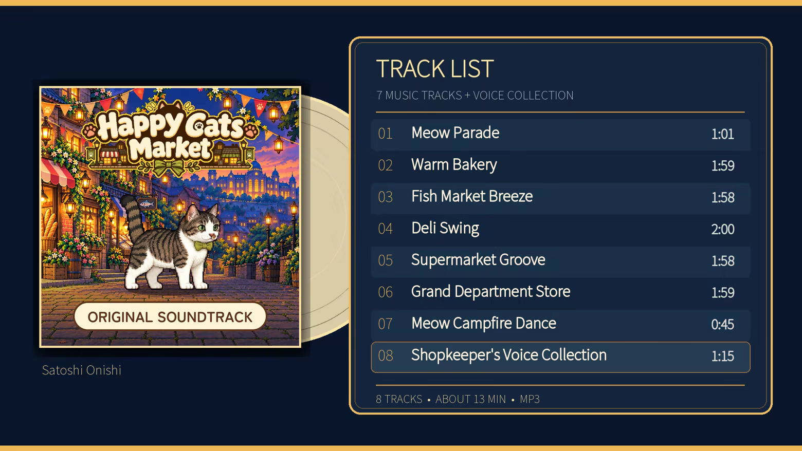 Soundtrack track list: 1 Meow Parade 1:01; 2 Warm Bakery 1:59; 3 Fish Market Breeze 1:58; 4 Deli Swing 2:00; 5 Supermarket Groove 1:58; 6 Grand Department Store 1:59; 7 Meow Campfire Dance 0:45; 8 Shopkeeper’s Voice Collection 1:15.