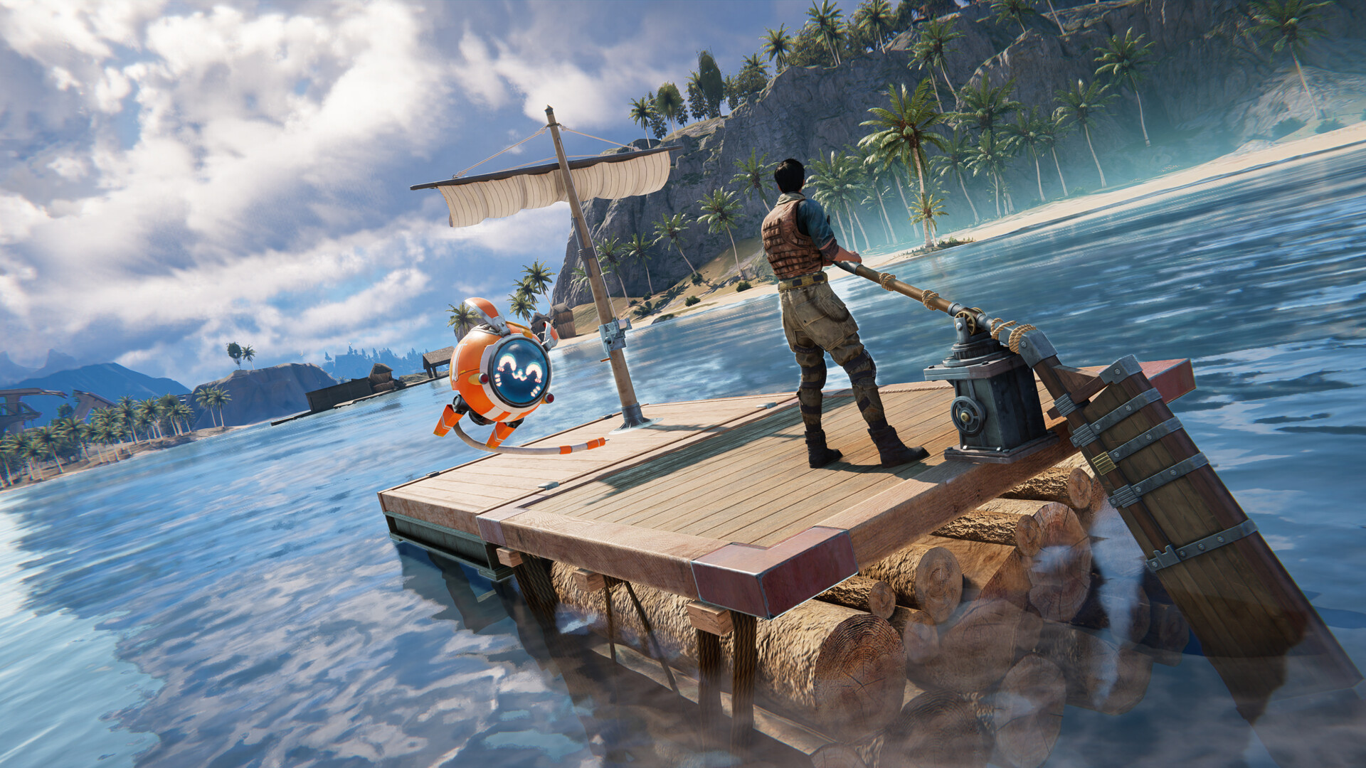 A survivor steers a small log raft with a cloth sail toward a tropical island, an orange spherical robot companion floating beside him