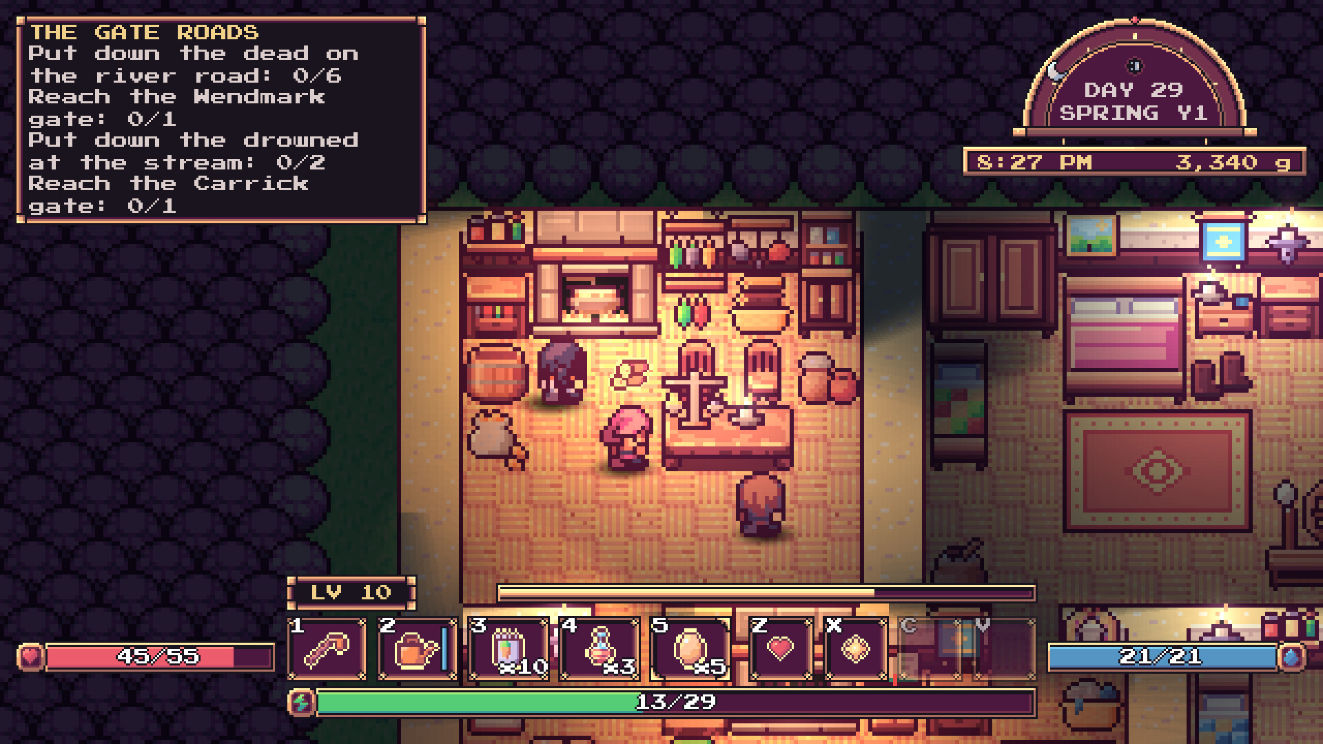 A character inside a furnished building in the Sword & Soil demo.