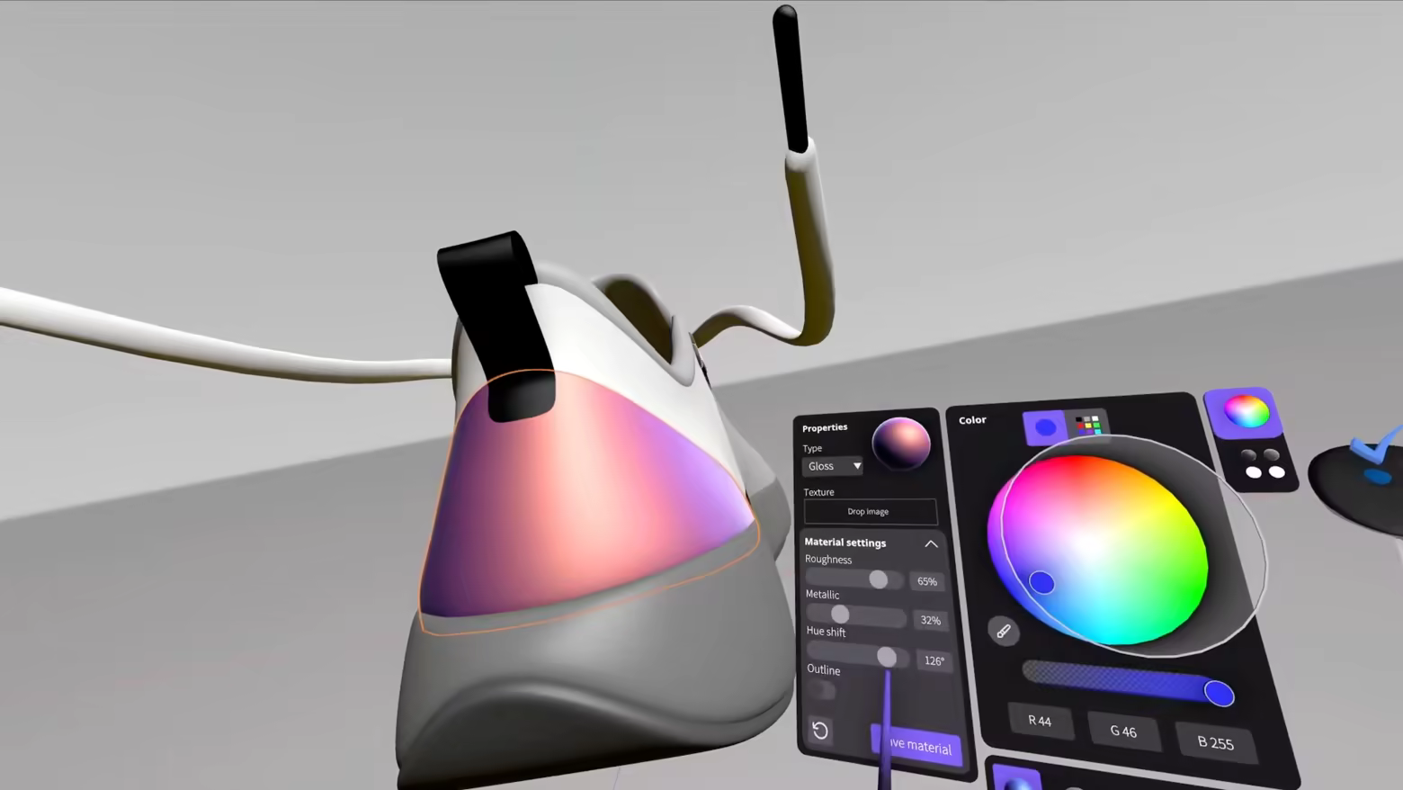 3D sneaker model being customized with Gravity Sketch