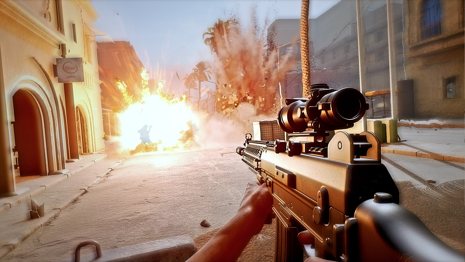 Soldiers advancing through a dusty street in Insurgency: Sandstorm