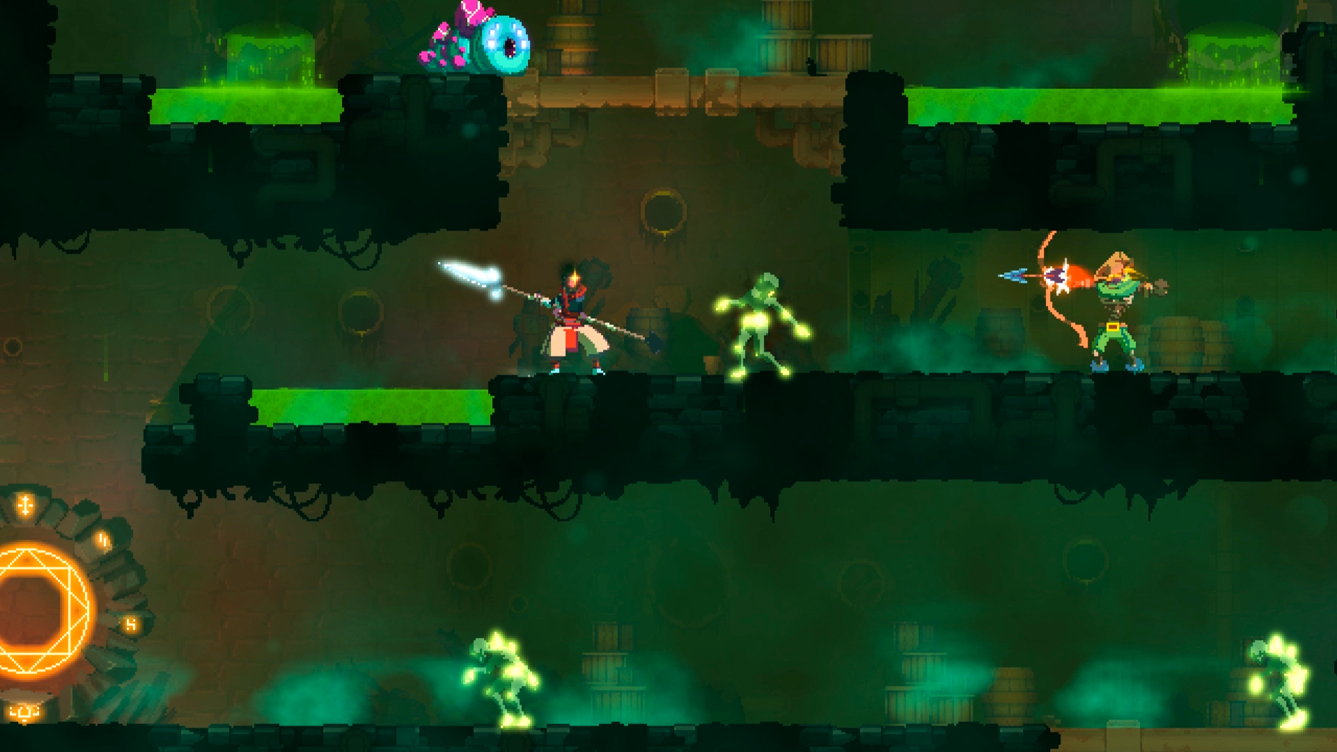 A fight in a torchlit corridor in Dead Cells